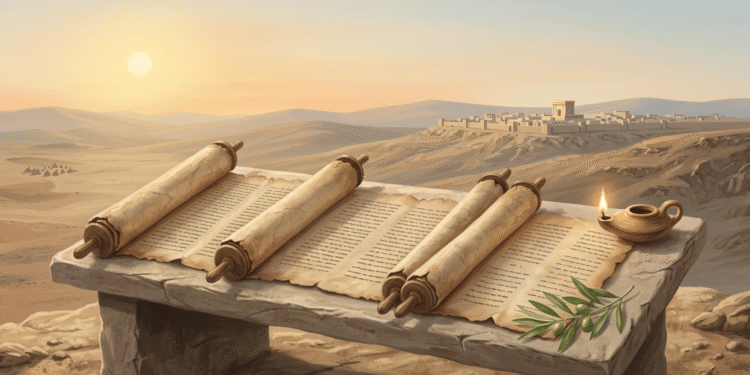 Rollos del Antiguo Testamento desplegados sobre una mesa de piedra con lámpara de aceite, rama de olivo y Jerusalén antigua al fondo en el desierto de Judea