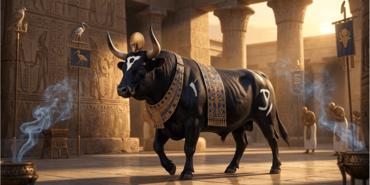 El toro Apis, encarnación divina, venerado en templo egipcio