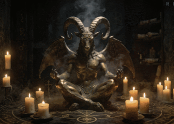 Baphomet, el ídolo misterioso de los templarios y el símbolo central del ocultismo occidental, meditando dentro de un círculo mágico. Su cuerpo humanoides está cubierto de oro, con cuernos largos curvados y alas de murciélago. Una estrella de cinco puntas brilla en su frente. Velas encendidas forman un círculo completo alrededor de la figura, y pentagramas y símbolos ocultos están grabados en el piso y las paredes del templo subterráneo. Humo asciende desde el círculo mágico. Las paredes de piedra están cubiertas con más símbolos herméticos. La atmósfera es contemplativa y ritualística, no violenta ni destructiva.
