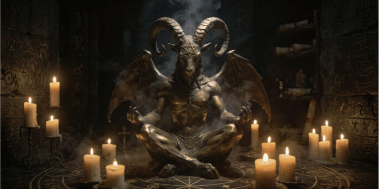 Baphomet, el ídolo misterioso de los templarios y el símbolo central del ocultismo occidental, meditando dentro de un círculo mágico. Su cuerpo humanoides está cubierto de oro, con cuernos largos curvados y alas de murciélago. Una estrella de cinco puntas brilla en su frente. Velas encendidas forman un círculo completo alrededor de la figura, y pentagramas y símbolos ocultos están grabados en el piso y las paredes del templo subterráneo. Humo asciende desde el círculo mágico. Las paredes de piedra están cubiertas con más símbolos herméticos. La atmósfera es contemplativa y ritualística, no violenta ni destructiva.