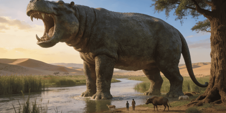 Behemot, el monstruo primordial de Job, representado como un hipopótamo colosal junto a un río con carrizos y figuras humanas diminutas a sus pies en un paisaje desértico