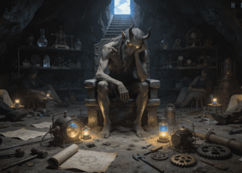 Belfegor, el demonio de la pereza y las astucias malvadas, sentado en un trono de piedra en su laboratorio subterráneo. Su cuerpo demoníaco con cuernos está rodeado de máquinas, engranajes, botellas alquimistas y planos arquitectónicos. Sus ojos brillan en amarillo/oro mientras medita. Alrededor de él, humanos trabajadores realizan tareas mientras mantienen posiciones sumisas. Herramientas, tuberías y aparatos mecánicos esparcidos sugieren invenciones que prometen facilitar la vida. Una escalera hacia la luz se ve en el fondo, pero nadie intenta ascender. La cueva resplandece con la luz azul de máquinas imposibles.