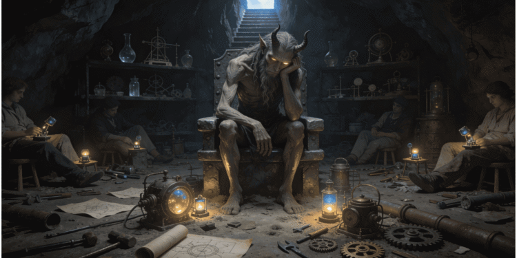 Belfegor, el demonio de la pereza y las astucias malvadas, sentado en un trono de piedra en su laboratorio subterráneo. Su cuerpo demoníaco con cuernos está rodeado de máquinas, engranajes, botellas alquimistas y planos arquitectónicos. Sus ojos brillan en amarillo/oro mientras medita. Alrededor de él, humanos trabajadores realizan tareas mientras mantienen posiciones sumisas. Herramientas, tuberías y aparatos mecánicos esparcidos sugieren invenciones que prometen facilitar la vida. Una escalera hacia la luz se ve en el fondo, pero nadie intenta ascender. La cueva resplandece con la luz azul de máquinas imposibles.