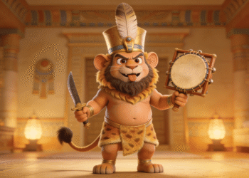 Bes, el dios enano protector del hogar, empuña una daga en una mano y un sistro musical en la otra. Su lengua sobresale en expresión feroz y juguetona simultáneamente, simbolizando su rol como guardián del hogar y promotor de la alegría familiar.