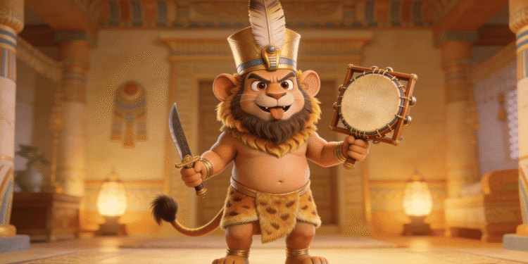 Bes, el dios enano protector del hogar, empuña una daga en una mano y un sistro musical en la otra. Su lengua sobresale en expresión feroz y juguetona simultáneamente, simbolizando su rol como guardián del hogar y promotor de la alegría familiar.