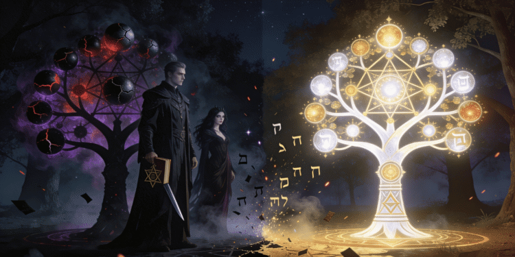 Samael y Lilith ante el Árbol del Mal con klipot oscuras y el Árbol de la Vida luminoso con las diez sefirot, representación de la dualidad cabalística entre el Otro Lado y lo divino