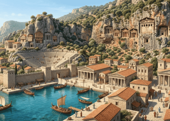 Ciudades Licias, reconstrucción de una ciudad portuaria Licia antigua, mostrando templos grecorromanos, teatro helenístico y arquitectura urbana costera en Anatolia occidental (siglos V-III a.C.).
