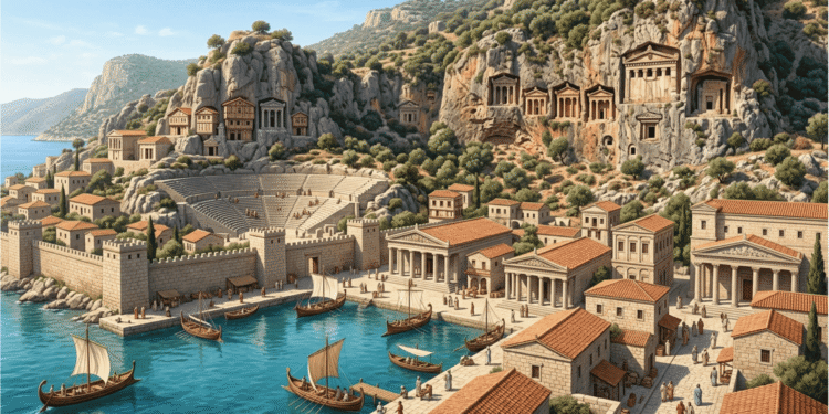 Ciudades Licias, reconstrucción de una ciudad portuaria Licia antigua, mostrando templos grecorromanos, teatro helenístico y arquitectura urbana costera en Anatolia occidental (siglos V-III a.C.).