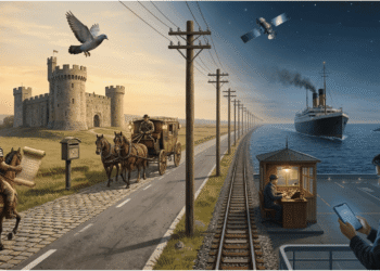 Evolución de las comunicaciones en viaje a lo largo de 2.000 años: desde palomas mensajeras medievales y correos a caballo en la Antigüedad, pasando por ferrocarriles y telégrafos del siglo XIX, hasta barcos de vapor, satélites y smartphones 5G en la era moderna