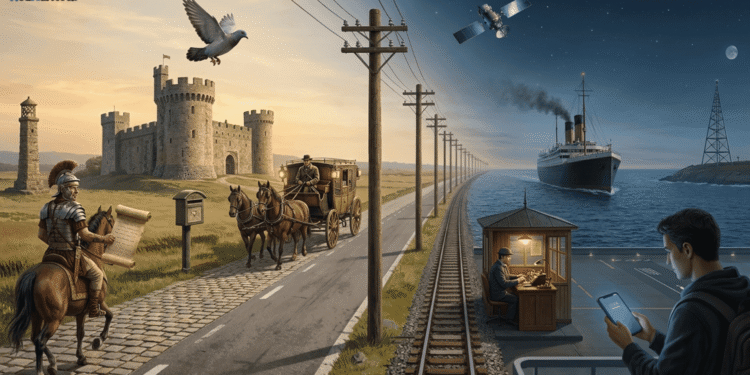Evolución de las comunicaciones en viaje a lo largo de 2.000 años: desde palomas mensajeras medievales y correos a caballo en la Antigüedad, pasando por ferrocarriles y telégrafos del siglo XIX, hasta barcos de vapor, satélites y smartphones 5G en la era moderna