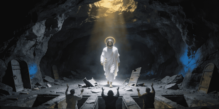 Cristo luminoso descendiendo al inframundo con las puertas destruidas y los justos del Antiguo Testamento alzando los brazos para ser liberados, representación del descenso al Sheol