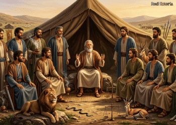 Jacob anciano pronunciando las bendiciones finales a sus doce hijos, los doce patriarcas, reunidos alrededor de él, con los símbolos de cada tribu: el león de Judá, la serpiente de Dan, la cierva de Neftalí y el lobo de Benjamín.