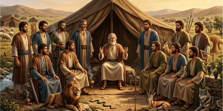 Jacob anciano pronunciando las bendiciones finales a sus doce hijos, los doce patriarcas, reunidos alrededor de él, con los símbolos de cada tribu: el león de Judá, la serpiente de Dan, la cierva de Neftalí y el lobo de Benjamín.