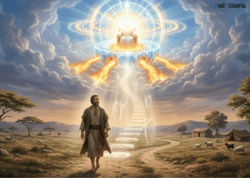 Enoc el patriarca bíblico caminando hacia una escalera de luz que asciende al trono divino rodeado de ángeles y símbolos astronómicos, representación del patriarca que caminó con Dios y fue trasladado al cielo