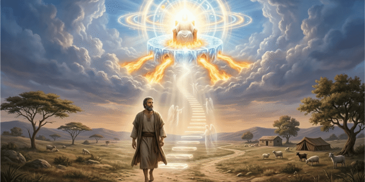 Enoc el patriarca bíblico caminando hacia una escalera de luz que asciende al trono divino rodeado de ángeles y símbolos astronómicos, representación del patriarca que caminó con Dios y fue trasladado al cielo