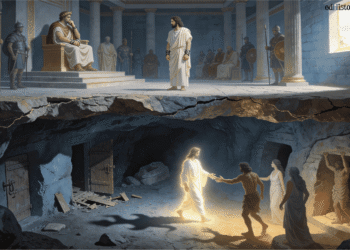 El Evangelio de Nicodemo en dos planos: arriba el juicio de Jesús ante Pilato en el pretorio romano, abajo el descenso de Cristo luminoso al inframundo liberando a los justos con las puertas destruidas