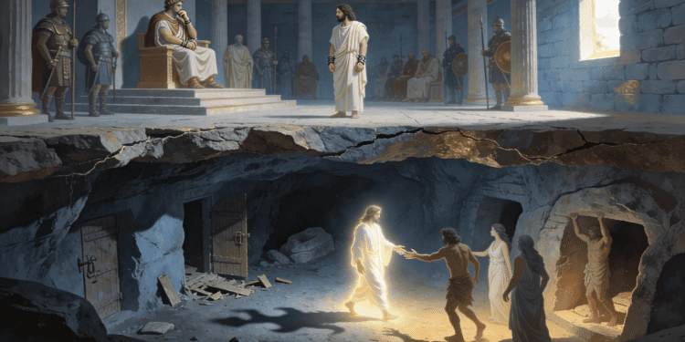 El Evangelio de Nicodemo en dos planos: arriba el juicio de Jesús ante Pilato en el pretorio romano, abajo el descenso de Cristo luminoso al inframundo liberando a los justos con las puertas destruidas