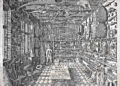 Grabado de gabinete de curiosidades renacentista (Wunderkammer) mostrando interior detallado con esqueletos, instrumentos científicos, artefactos naturales, esculturas y arte en estanterías