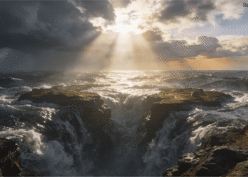 El caos primordial de las aguas con rayos de luz divina irrumpiendo entre nubes oscuras sobre el mar tormentoso, representación del primer día de la creación en el Génesis