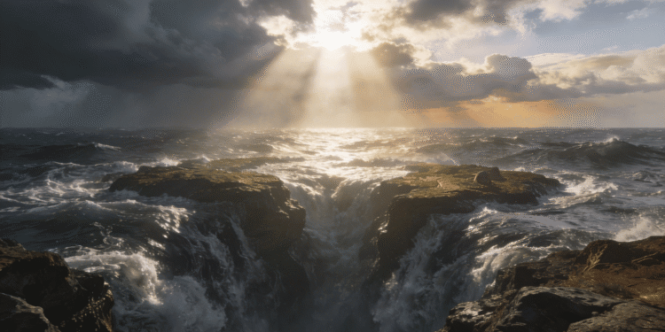 El caos primordial de las aguas con rayos de luz divina irrumpiendo entre nubes oscuras sobre el mar tormentoso, representación del primer día de la creación en el Génesis