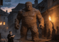 El Golem de arcilla del rabino Loew en el gueto de Praga, figura colosal con escritura hebrea en la frente y ojos brillantes, ante el rabino con pergamino cabalístico