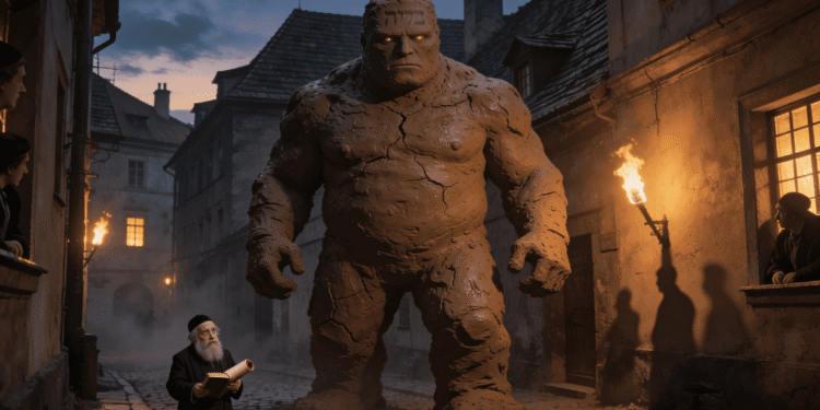 El Golem de arcilla del rabino Loew en el gueto de Praga, figura colosal con escritura hebrea en la frente y ojos brillantes, ante el rabino con pergamino cabalístico