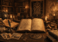 Biblioteca de ocultismo con libro abierto mostrando diagramas cabalísticos, tarjetas de tarot, pentágramas, globo celestial y velas en una atmósfera de esoterismo medieval renacentista