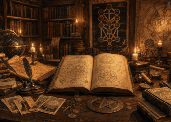 Biblioteca de ocultismo con libro abierto mostrando diagramas cabalísticos, tarjetas de tarot, pentágramas, globo celestial y velas en una atmósfera de esoterismo medieval renacentista