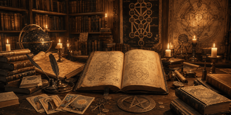 Biblioteca de ocultismo con libro abierto mostrando diagramas cabalísticos, tarjetas de tarot, pentágramas, globo celestial y velas en una atmósfera de esoterismo medieval renacentista