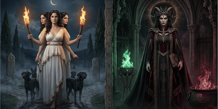 Hécate: la transformación de diosa a demonio. Lado izquierdo: Hécate la diosa griega, con tres cuerpos en veste blanca, sosteniendo antorchas encendidas, rodeada de perros negros en un cementerio bajo la luna creciente. Lado derecho: Hécate demonizada, con cuernos, vistiendo ropas oscuras ricamente ornamentadas en una catedral gótica, rodeada de fuego verde sobrenatural y símbolos ocultos. La imagen muestra la misma figura transformada por la religión cristiana medieval de diosa respetada a demonio perseguido.