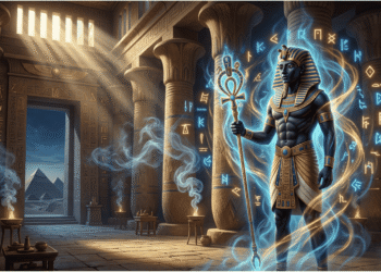 Un sacerdote egipcio canaliza la energía cósmica de heka en un templo, rodeado de jeroglíficos mágicos y rayos de poder azul y dorado. El ankh que sostiene brilla con poder divino mientras los símbolos flotantes representan los hechizos y fórmulas mágicas que mantienen el universo.