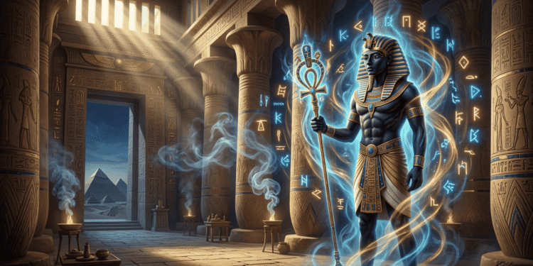 Un sacerdote egipcio canaliza la energía cósmica de heka en un templo, rodeado de jeroglíficos mágicos y rayos de poder azul y dorado. El ankh que sostiene brilla con poder divino mientras los símbolos flotantes representan los hechizos y fórmulas mágicas que mantienen el universo.