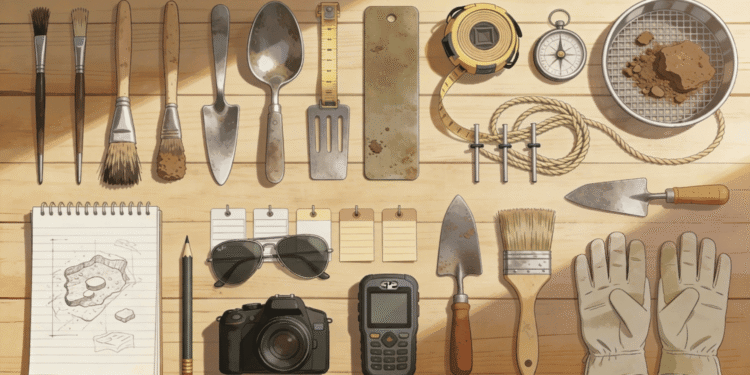 Herramientas de arqueología dispuestas en orden: paletas, cepillos, cuaderno de campo, cámara digital, GPS, brújula, gafas de sol, guantes y cintas métricas