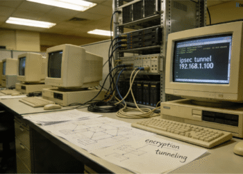 Laboratorio de investigación de redes de los años 1990 mostrando implementación de IPsec tunnel y encryption tunneling en computadoras retro, protocolos que dieron origen a las VPN corporativas modernas