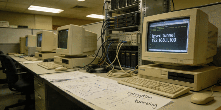 Laboratorio de investigación de redes de los años 1990 mostrando implementación de IPsec tunnel y encryption tunneling en computadoras retro, protocolos que dieron origen a las VPN corporativas modernas