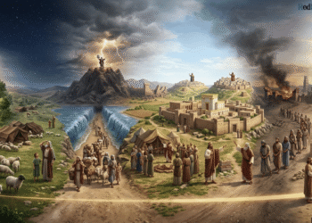 Panorama cronológico de la historia del Antiguo Testamento desde el Edén y los patriarcas hasta el Sinaí, la monarquía israelita y el exilio babilónico, con un escriba registrando los textos sagrados en primer plano