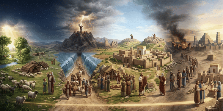 Panorama cronológico de la historia del Antiguo Testamento desde el Edén y los patriarcas hasta el Sinaí, la monarquía israelita y el exilio babilónico, con un escriba registrando los textos sagrados en primer plano