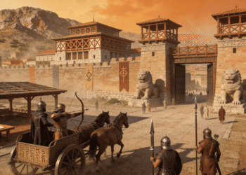 Hattusa, capital hitita del imperio Antiguo Próximo (1300 a.C.). Se observa la arquitectura característica hitita con estructuras de madera y piedra, puertas guardadas por leones, un carruaje hitita de tres hombres (conductor, arquero, escudero), soldados con armas de hierro, tablillas cuneiformes en mesa de escriba, y símbolos geométricos hititas en banners. Montañas de Anatolia al fondo.