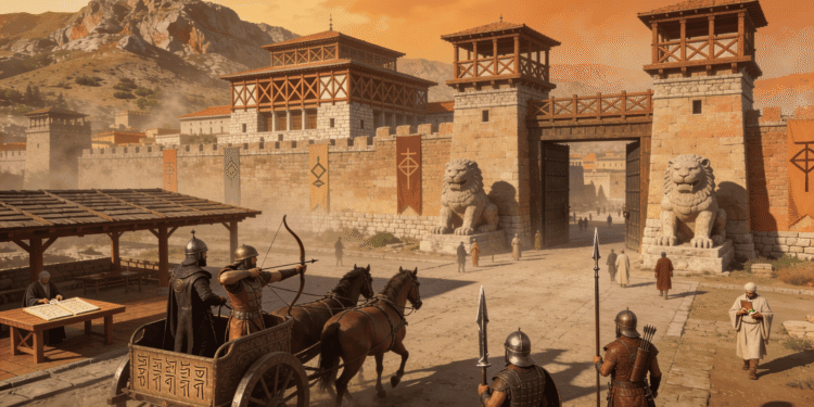 Hattusa, capital hitita del imperio Antiguo Próximo (1300 a.C.). Se observa la arquitectura característica hitita con estructuras de madera y piedra, puertas guardadas por leones, un carruaje hitita de tres hombres (conductor, arquero, escudero), soldados con armas de hierro, tablillas cuneiformes en mesa de escriba, y símbolos geométricos hititas en banners. Montañas de Anatolia al fondo.