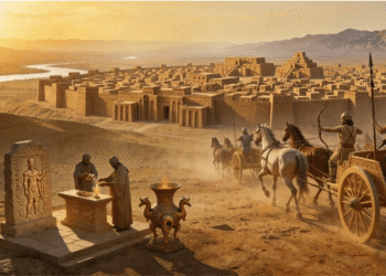 Reconstrucción de Washshukanni, capital Mitanni (1400 a.C.), con fortaleza de adobe, carros de dos caballos y ceremonia diplomática en el valle del Jabur.