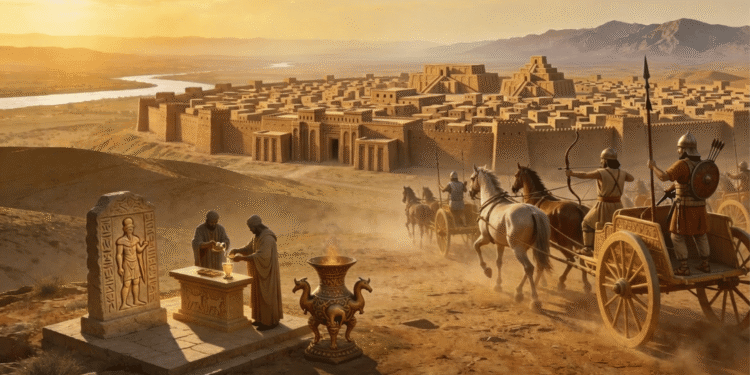 Reconstrucción de Washshukanni, capital Mitanni (1400 a.C.), con fortaleza de adobe, carros de dos caballos y ceremonia diplomática en el valle del Jabur.