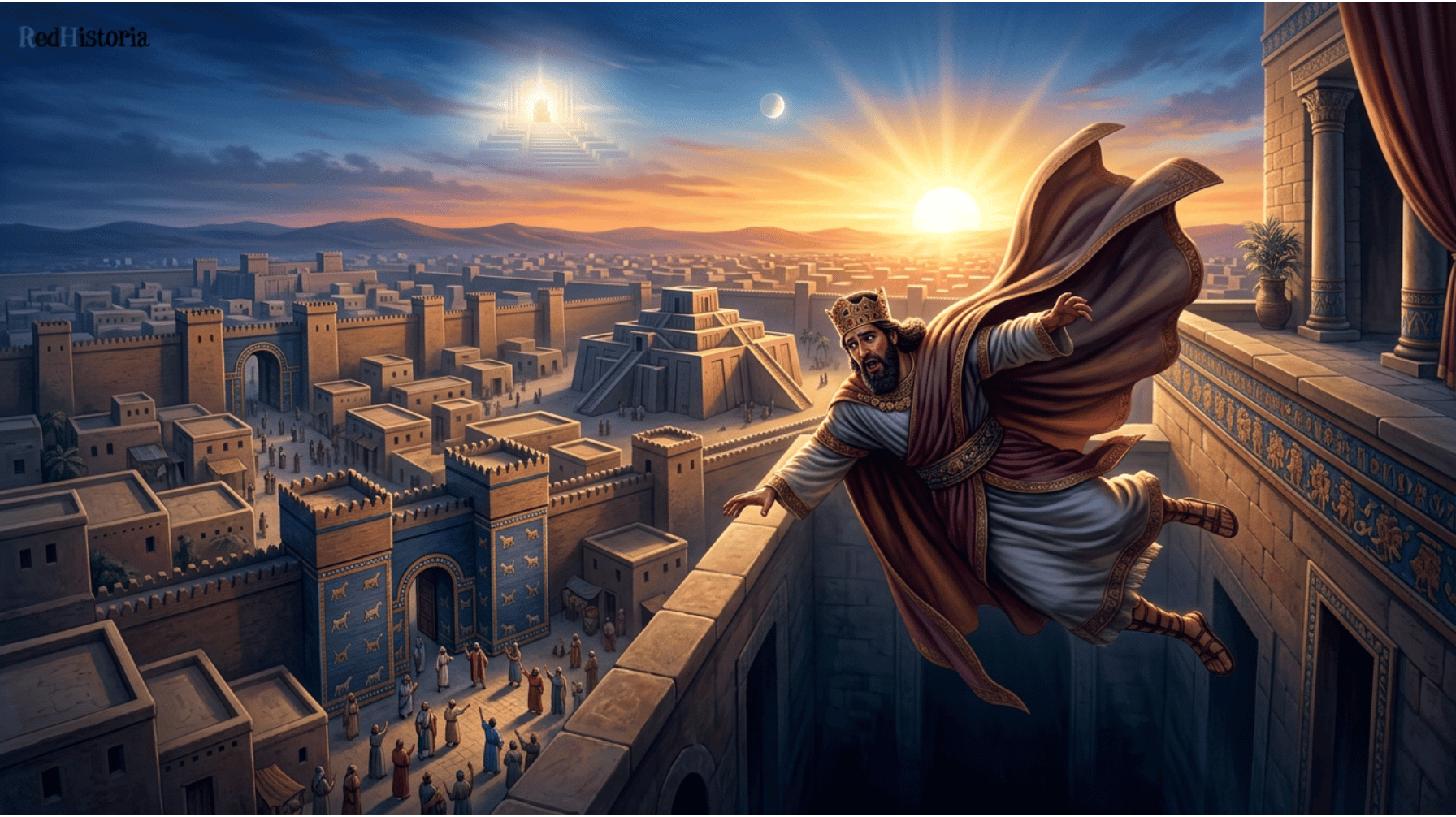El rey de Babilonia cayendo desde las murallas de su ciudad con la corona real mientras el trono celestial brilla inalcanzable en el cielo, ilustración del significado histórico original de Isaías 14