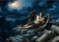 Lucifer caído representado como ángel con alas oscuras recostado sobre rocas y columnas rotas bajo un cielo nocturno con una estrella solitaria, ilustración del mito originado en Isaías 14