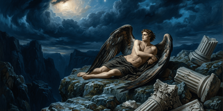 Lucifer caído representado como ángel con alas oscuras recostado sobre rocas y columnas rotas bajo un cielo nocturno con una estrella solitaria, ilustración del mito originado en Isaías 14