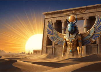 Jepri, el dios escarabajo del renacimiento, sostiene el disco solar monumental mientras surge el amanecer. Con alas doradas y cuerpo humanizado, encarna la transformación cíclica y el poder de renovación perpetua que trae cada nuevo día.