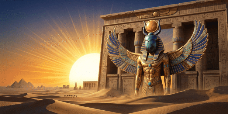 Jepri, el dios escarabajo del renacimiento, sostiene el disco solar monumental mientras surge el amanecer. Con alas doradas y cuerpo humanizado, encarna la transformación cíclica y el poder de renovación perpetua que trae cada nuevo día.