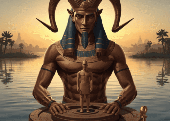 Jnum, el dios carnero creador, sostiene su rueda de alfarero cósmica donde moldea una figura humana. De pie en el Nilo con templos egipcios de fondo, simboliza su rol como creador de vida y guardián de las cataratas del Nilo.