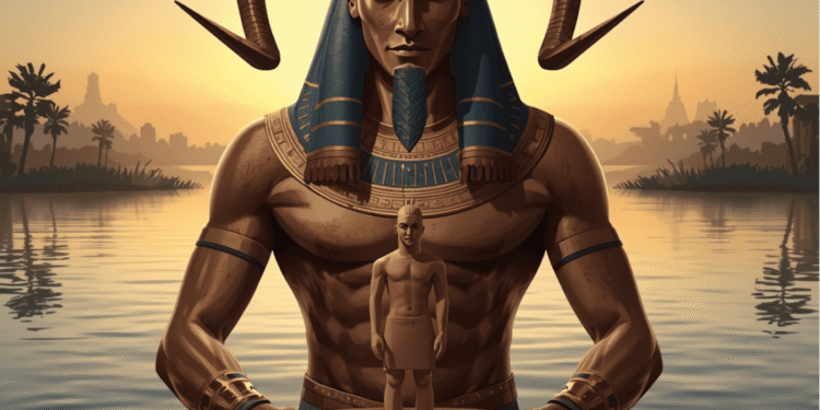 Jnum, el dios carnero creador, sostiene su rueda de alfarero cósmica donde moldea una figura humana. De pie en el Nilo con templos egipcios de fondo, simboliza su rol como creador de vida y guardián de las cataratas del Nilo.