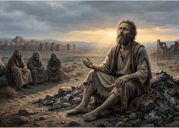 Job sentado en el estercolero con ropa rasgada extendiendo la mano hacia el cielo mientras sus tres amigos lo observan en silencio al fondo, escena del libro bíblico de Job