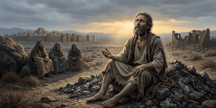 Job sentado en el estercolero con ropa rasgada extendiendo la mano hacia el cielo mientras sus tres amigos lo observan en silencio al fondo, escena del libro bíblico de Job